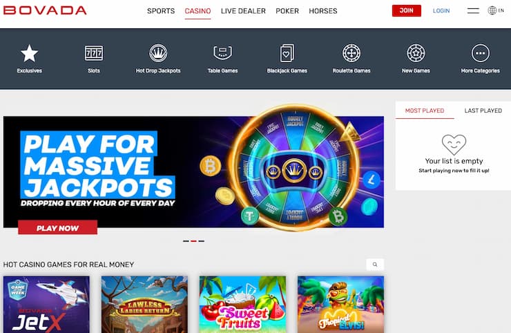 The Bovada casino interface, showing one of the top Amex deposit casinos.